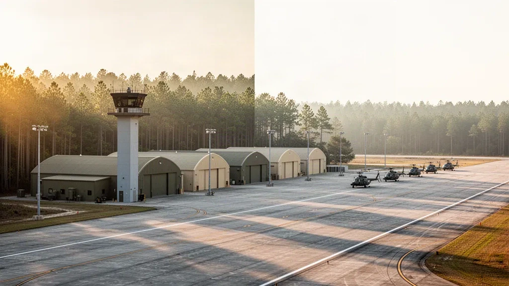 Simmons Army Air Field près de Fort Liberty, en Caroline du Nord, avec hangars, tour de contrôle et piste dans la lumière chaude du matin