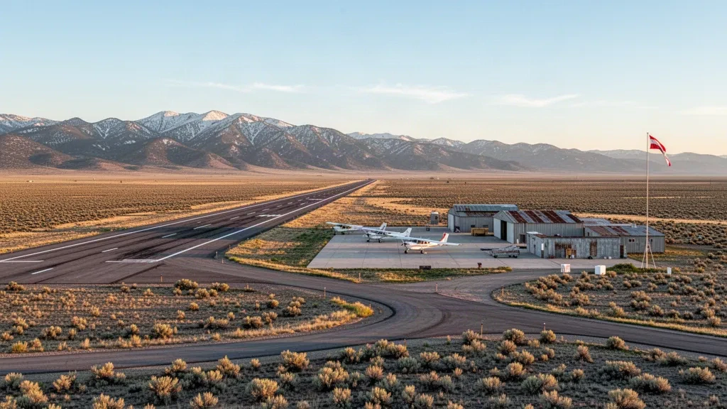 Pista pavimentada, hangares y avionetas monomotor sobre llanuras de artemisa bajo montañas lejanas en el aeropuerto de Fort Bridger, Wyoming