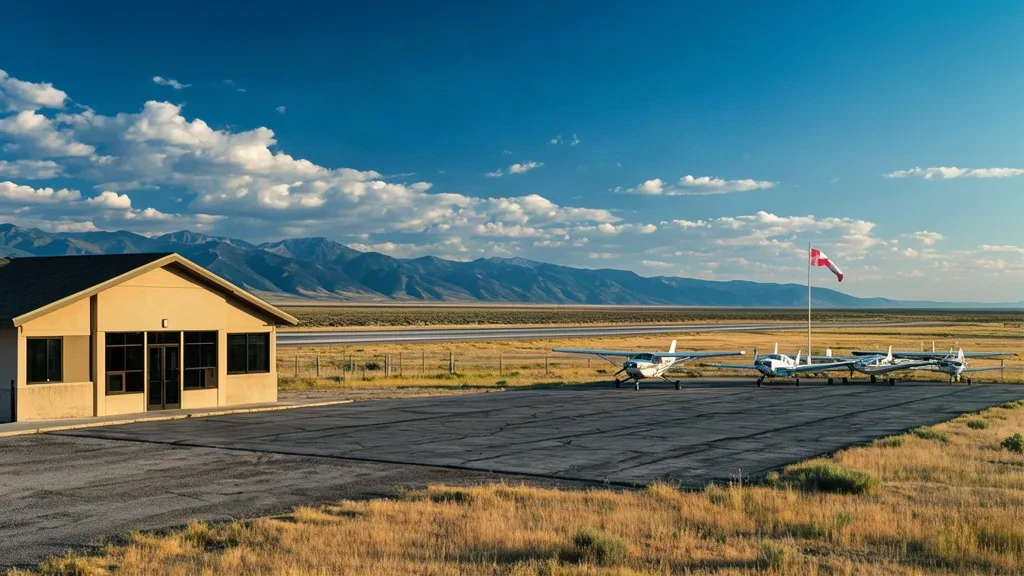 Edificio terminal basso e aeromobili leggeri ormeggiati sul piazzale dell'Aeroporto di Fort Bridger in Wyoming, con pianure di artemisia e le montagne Uinta sullo sfondo