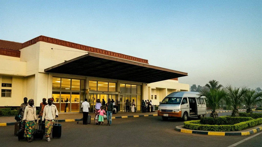Viaggiatori all'esterno dell'edificio del terminal dell'Aeroporto Internazionale di Lubumbashi (FBM) nella Repubblica Democratica del Congo