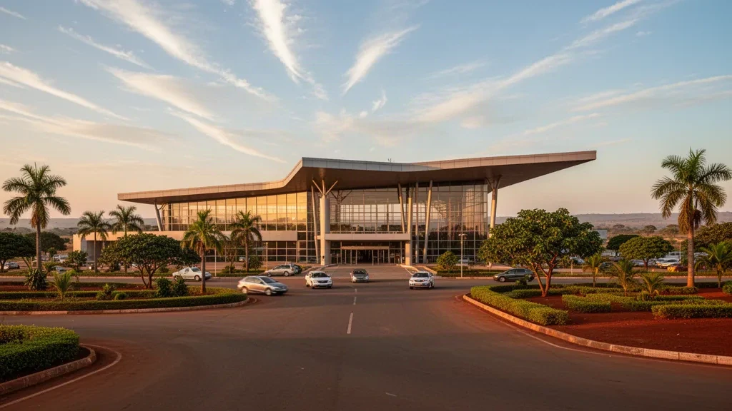 Altın saatlerde Demokratik Kongo Cumhuriyeti'ndeki Lubumbashi Uluslararası Havalimanı'nda modern cam terminal binasının dış cephesi ve yolcu indirme şeridi