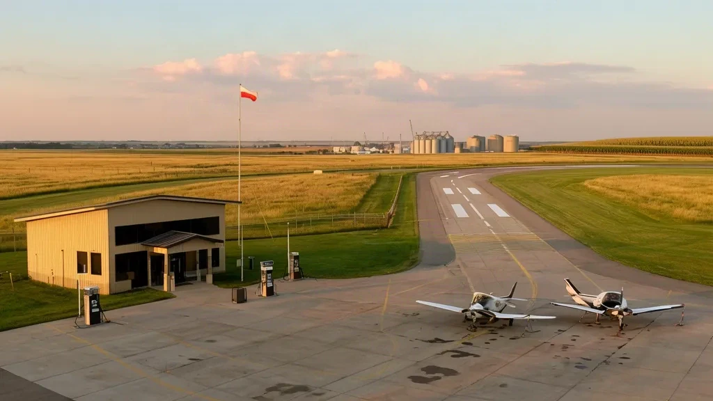 Aeronave monomotor aparcada en la plataforma junto a la pequeña terminal del Aeropuerto Municipal de Fairbury en Nebraska