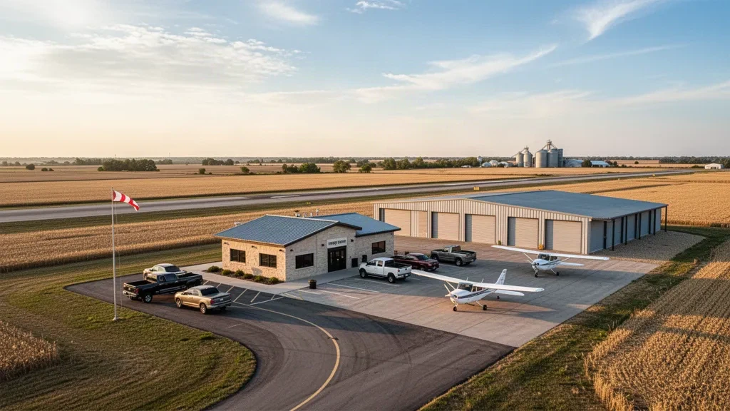 Fairbury Municipal Airport in Nebraska con una piccola pista in asfalto, hangar e edificio terminal sotto la luce dell'ora d'oro
