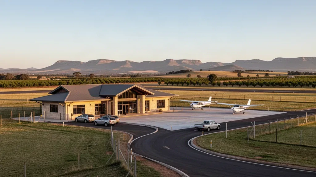 Pequeña terminal de aeródromo regional y plataforma en el aeropuerto Ficksburg Sentraoes con aviones ligeros y vistas a las montañas a la hora dorada