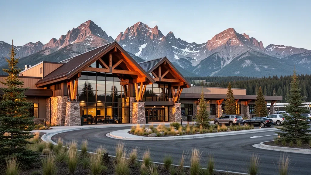 Kalispell, Montana'daki Glacier Park Uluslararası Havalimanı terminalinin, Rocky Mountain zirvelerinin önünde ahşap ve cam tasarımlı dış görünümü