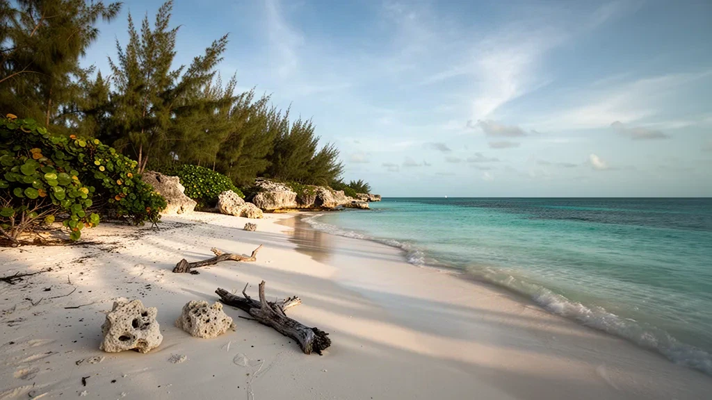Türkisfarbenes Wasser und weißer Sand, gesäumt von Kasuarinen-Kiefern an der Küste von West Grand Bahama auf den Bahamas