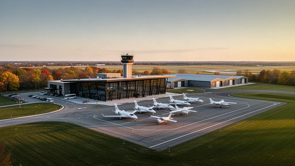 Terminal des Flying Cloud Airport, Kontrollturm und Vorfeld für Business-Jets in Eden Prairie, Minnesota, zur goldenen Stunde