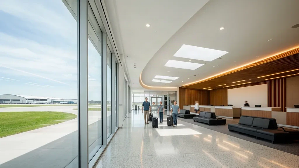 Interior de terminal moderno y luminoso en el aeropuerto Flying Cloud, en Eden Prairie, Minnesota, con asientos, mostradores de facturación y vistas a la plataforma