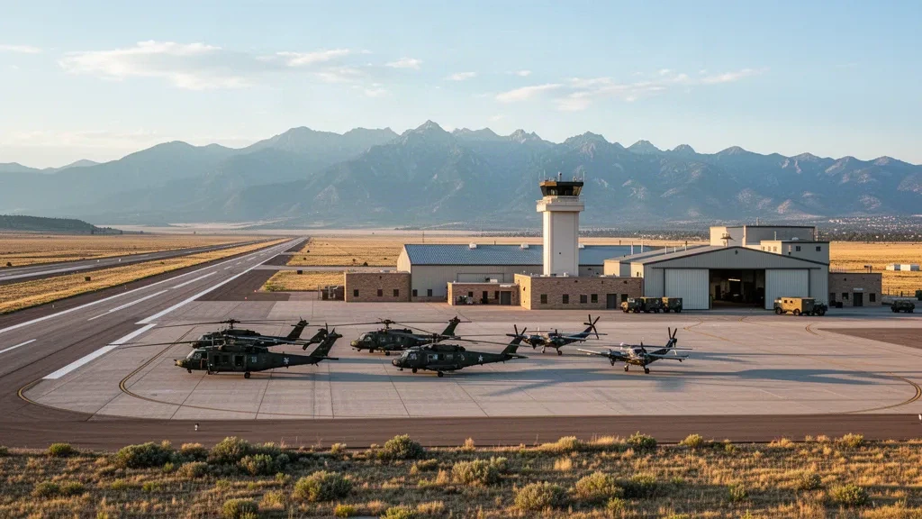 Butts Army Airfield at Fort Carson, Colorado, with runway, hangars, parked helicopters and mountain ridgeline at golden hour