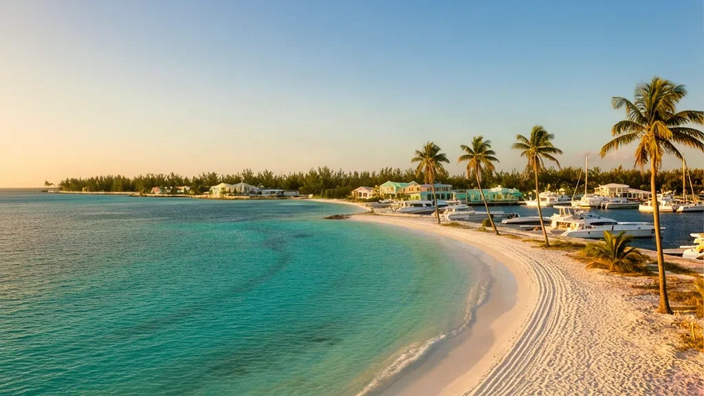 Hora dorada sobre la costa turquesa y el puerto deportivo del oeste de Grand Bahama cerca de Freeport, en las Bahamas