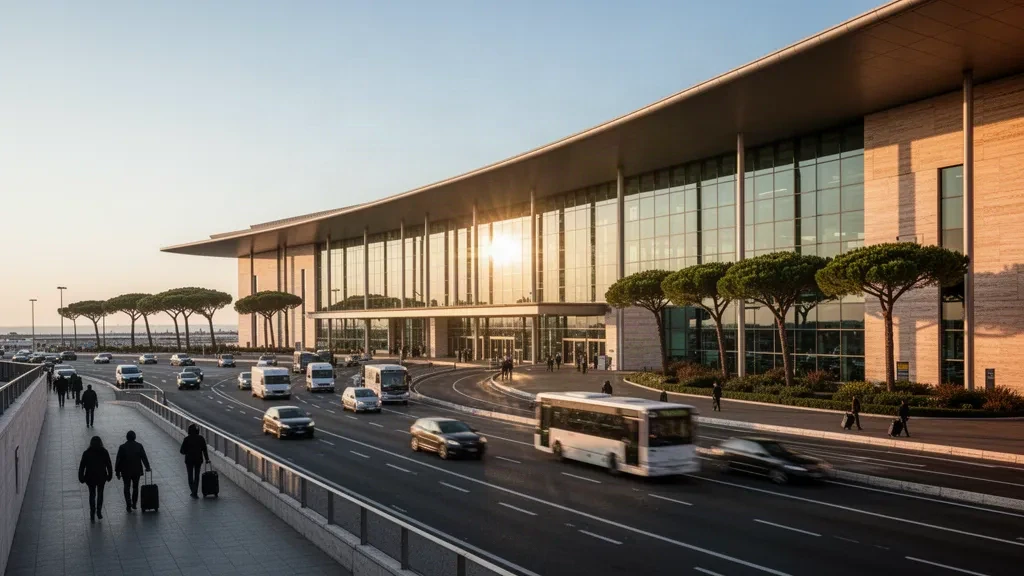 Esterno moderno in vetro del terminal dell'aeroporto internazionale di Roma Fiumicino Leonardo da Vinci durante la luce dell'ora d'oro