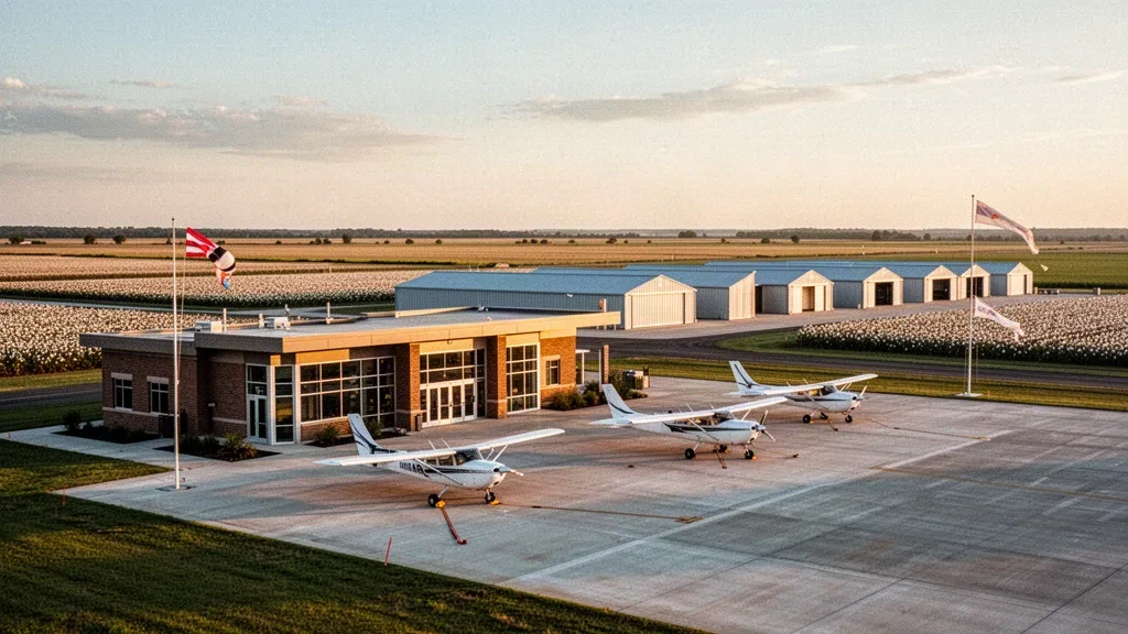 Piccolo terminal aeroportuale municipale e piazzale con aerei leggeri ed hangar durante l'ora d'oro nel Delta dell'Arkansas vicino a Forrest City