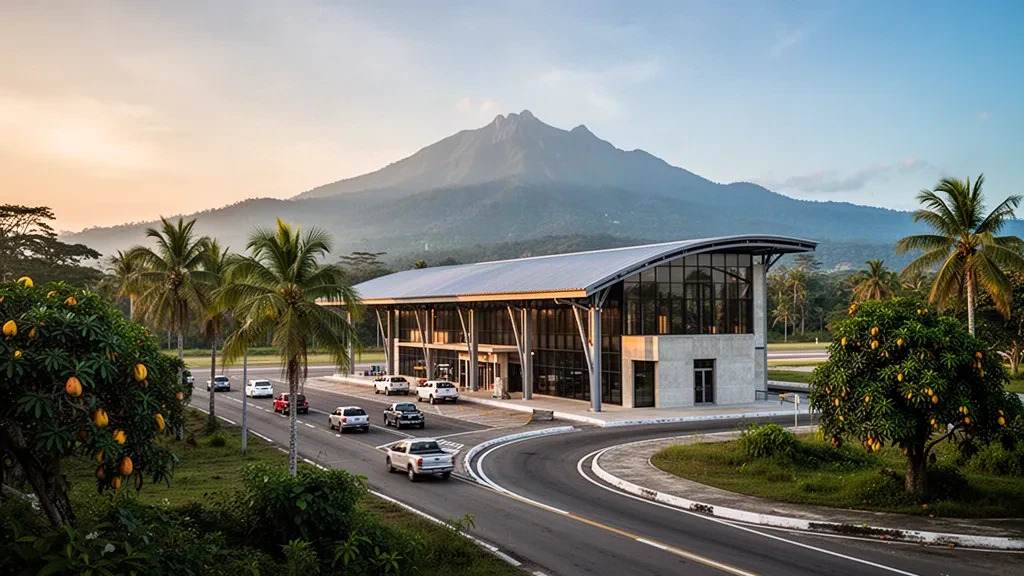 Modern glass terminal exterior at Fundación Airport in Magdalena, Colombia, framed by tropical palms and Sierra Nevada mountains at golden hour
