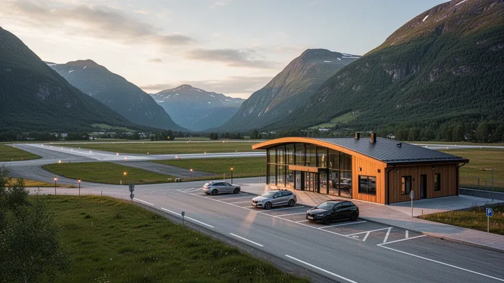 Norveç'teki Førde Havalimanı, Bringeland'da yeşil dağlarla çevrili ve yumuşak gün ışığı altındaki modern terminal binasının dış görünümü.