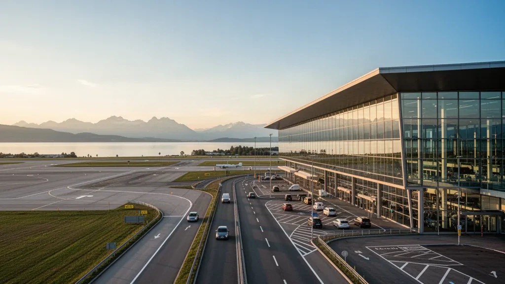 Moderner Glasfassadenterminal am Bodensee Airport Friedrichshafen mit Zufahrtsstraßen und dem Bodensee im Hintergrund.