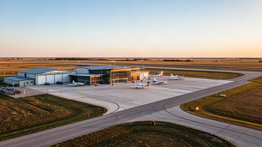 Wide exterior view of Frederick Regional Airport in Oklahoma showing a small terminal, hangars, and a runway under warm evening light.
