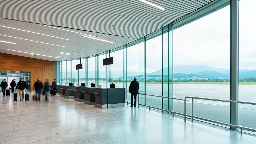 Hall de départ lumineux aux parois vitrées avec comptoirs d'enregistrement et voyageurs à l'aéroport de Friedrichshafen FDH près du lac de Constance