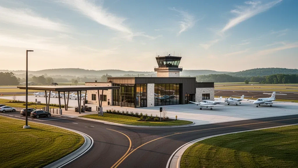 Modernes Glasterminal, Kontrollturm und Vorfeld mit Flugzeugen am Frederick Municipal Airport in Maryland im warmen Licht der goldenen Stunde