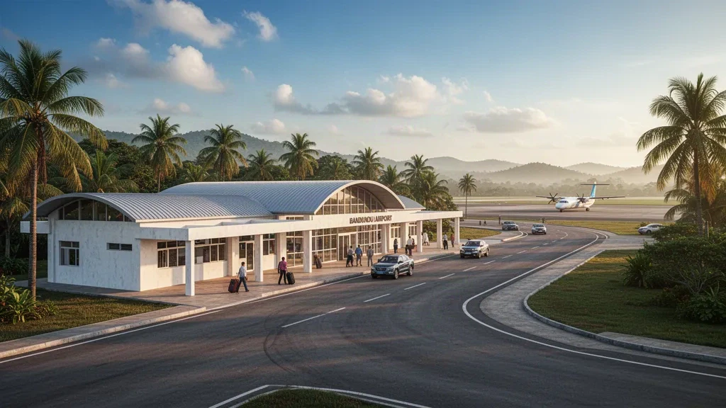 Wide view of Bandundu Airport terminal and access road at golden hour in the Democratic Republic of Congo.