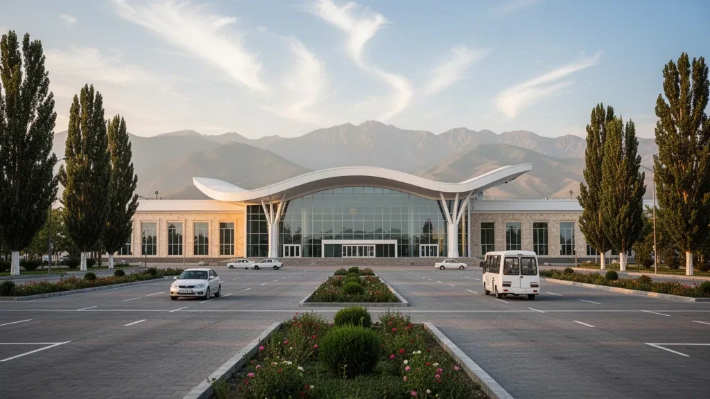 Modern glass terminal exterior at Fergana International Airport in Uzbekistan, with tree-lined drop-off lanes and valley hills at golden hour