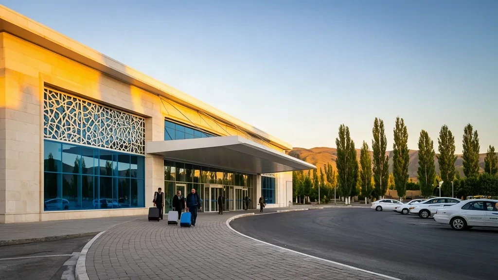 Fergana International Airport terminal exterior with travellers and taxis at the entrance in Uzbekistan's Fergana Valley
