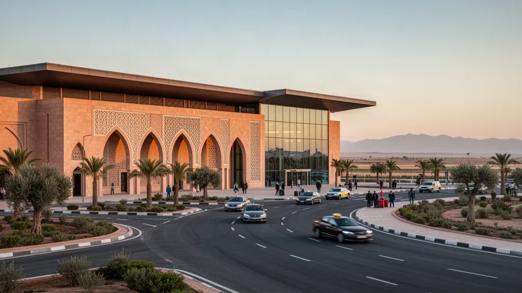 Fas'taki Fes-Saïss Havalimanı'nda altın saatlerde modern terminal binasının dış cephesi, palmiye ağaçlarıyla çevrili indirme şeridi ve arka planda Atlas Dağları