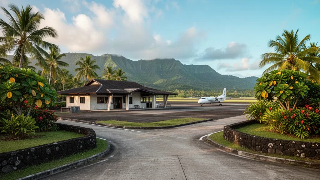 Tropical open-air terminal and runway edge at Fagali'i Airport near Apia, Samoa, framed by palms and green hills