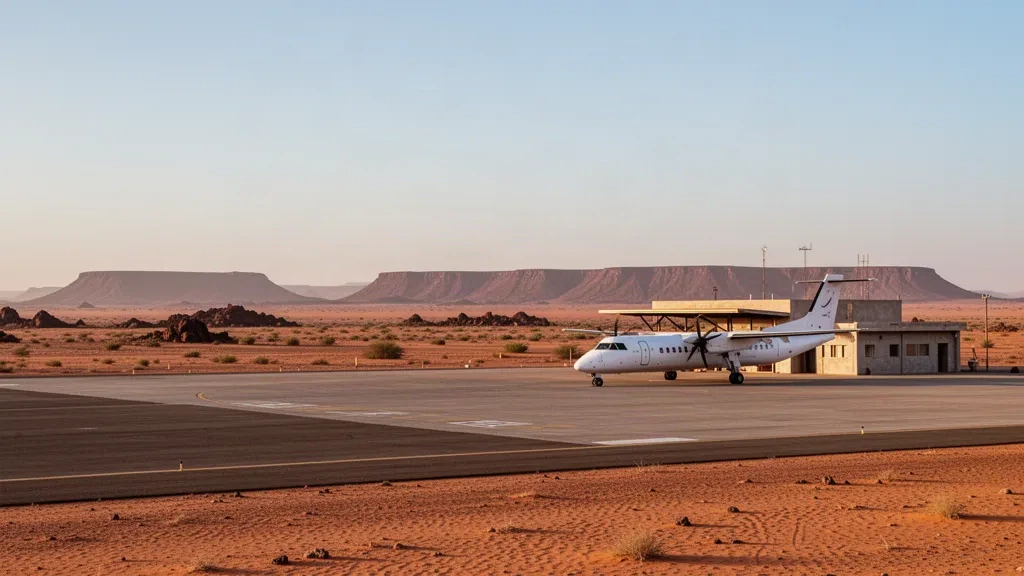 Kleines Wüstenflughafenterminal und Landebahn nahe Fderik, Mauretanien, zur goldenen Stunde in der Sahara, das die Eisenerzbergbauregion Tiris Zemmour bedient