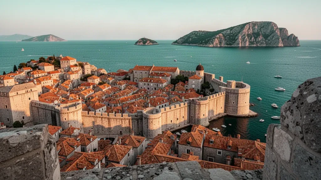 Mura della città vecchia di Dubrovnik e tetti in terracotta sopra il Mare Adriatico in Croazia all'ora d'oro