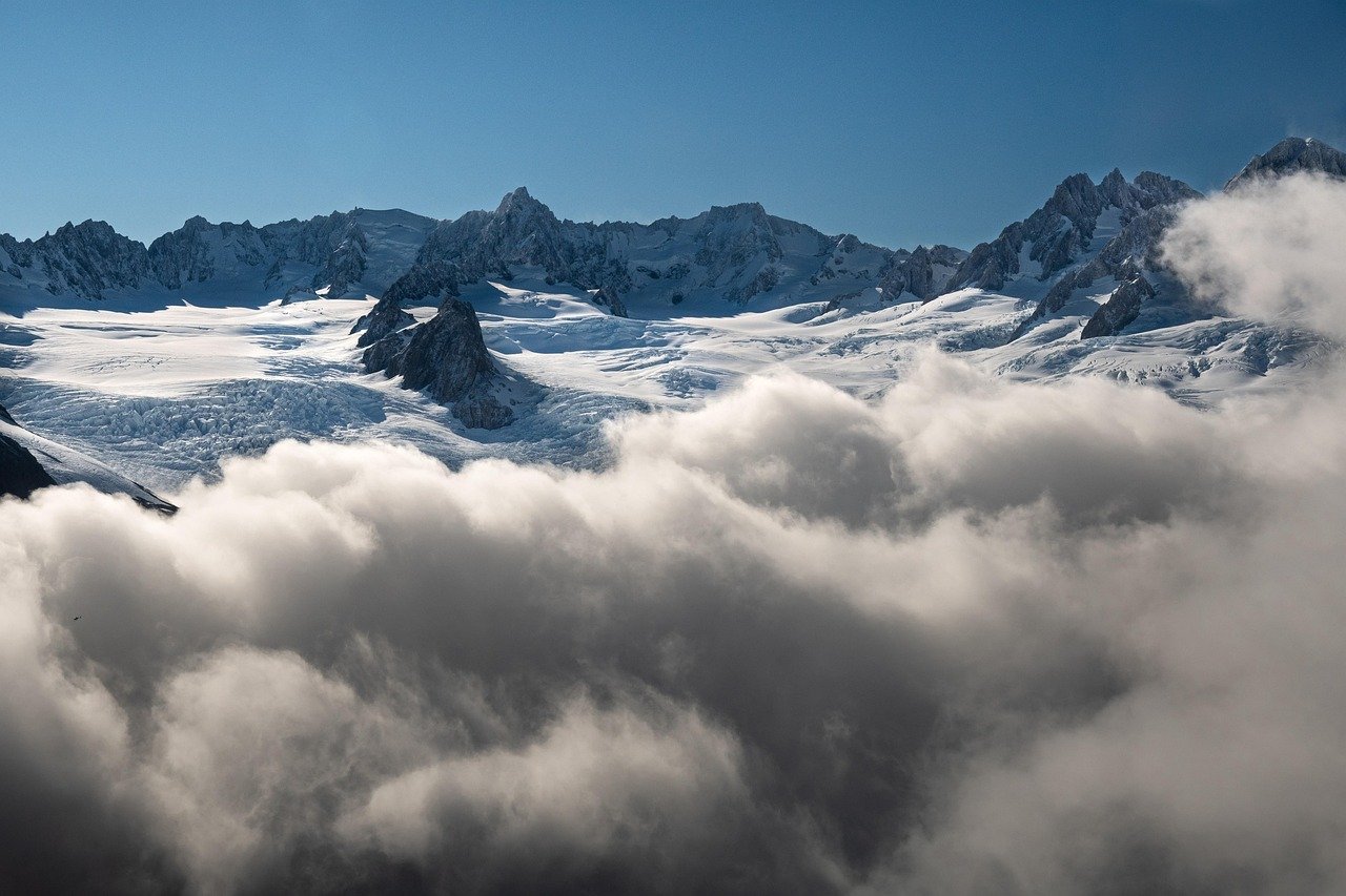 mount haast, lendenfeld peak, fox glacier, albert glacier, mountains, clouds, sky, mount cook national park, landscape, snow, summit, glacier, ice, winter, south island, nature, southern alps, peak, new zealand