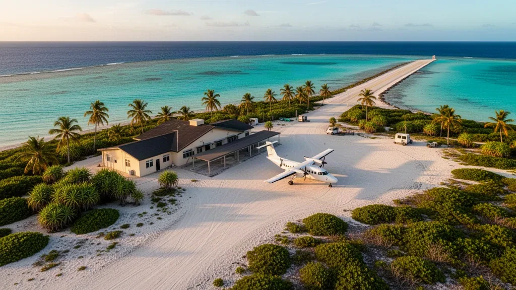 Vue aérienne de la petite piste en corail, du terminal à ciel ouvert et du lagon turquoise de l'aéroport de Fangatau sur un atoll isolé des Tuamotu en Polynésie française