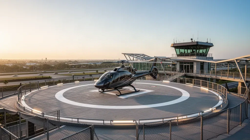 Eliporto di Fox Heliport con un elicottero a turbina durante l'ora d'oro, luce di contorno e cielo aperto sopra la città circostante