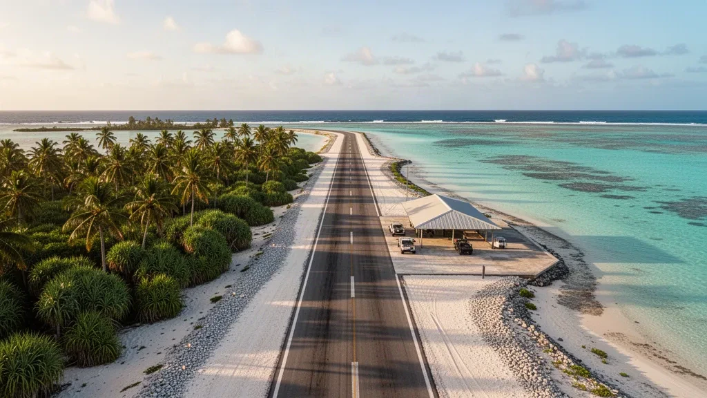 Aeródromo remoto en un atolón de coral en Fakahina, en la Polinesia Francesa, con una estrecha pista pavimentada junto a aguas turquesa de la laguna y palmeras cocoteras.