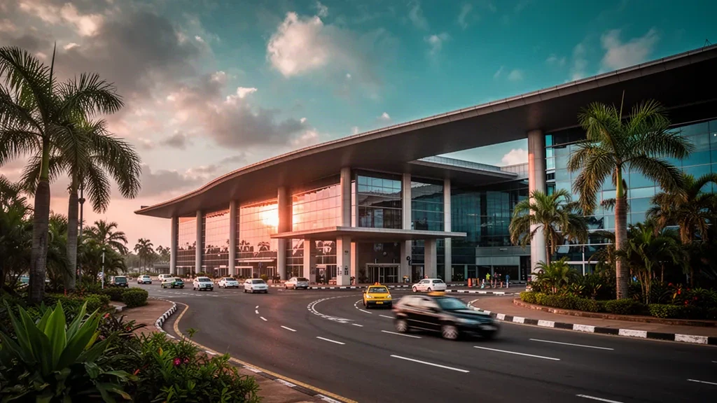 Modern glass terminal exterior at N'djili International Airport in Kinshasa at golden hour, with palm trees and drop-off lanes