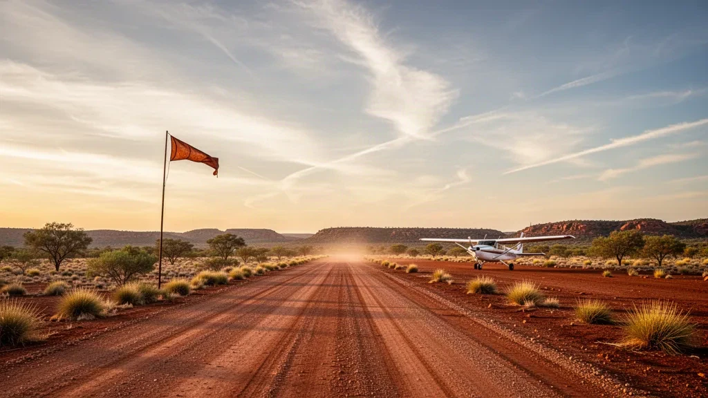 Pista in ghiaia remota nell'outback all'aeroporto di Finke nel Territorio del Nord, incorniciata dal suolo rosso del deserto e dal cielo aperto nell'ora d'oro