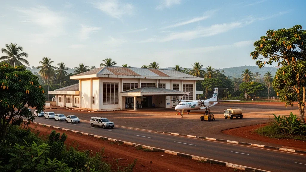 Piccolo terminal regionale e piazzale all'Aeroporto di Fria in Guinea, incorniciati dal verde tropicale sotto la calda luce pomeridiana dell'Africa occidentale.