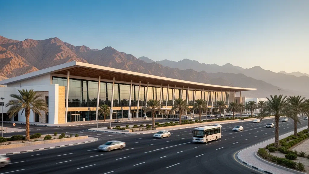 Modernes Glas-Terminal und Vorfahrtspur am Internationalen Flughafen Fujairah mit dem Hajar-Gebirge im Hintergrund im warmen Nachmittagslicht