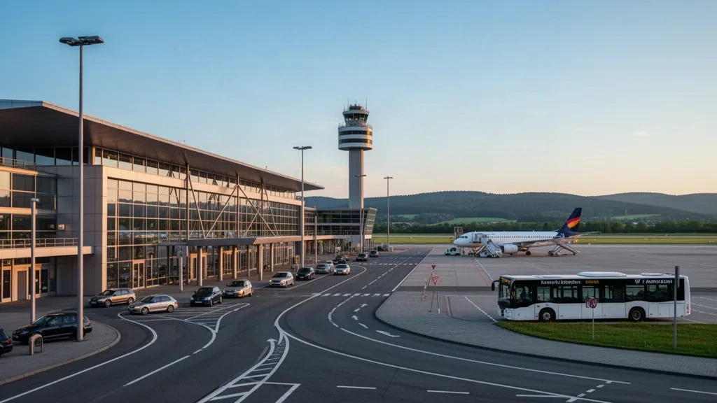 Terminal moderne en verre et voie de dépose à l'aéroport de Karlsruhe/Baden-Baden à l'heure dorée, avec un avion sur le tarmac et les collines de la Forêt-Noire en arrière-plan.