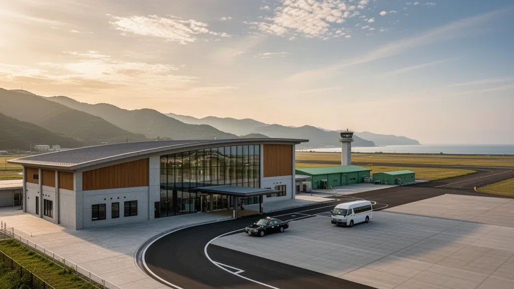 Esterno moderno del terminal in vetro dell'aeroporto di Fukui in Giappone con corsia di sosta, pista e montagne costiere verdi all'ora d'oro