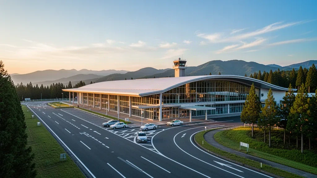 Terminal moderno con tetto curvo e corsia di sosta all'Aeroporto di Fukushima in Giappone, incorniciato da colline boscose nell'ora d'oro