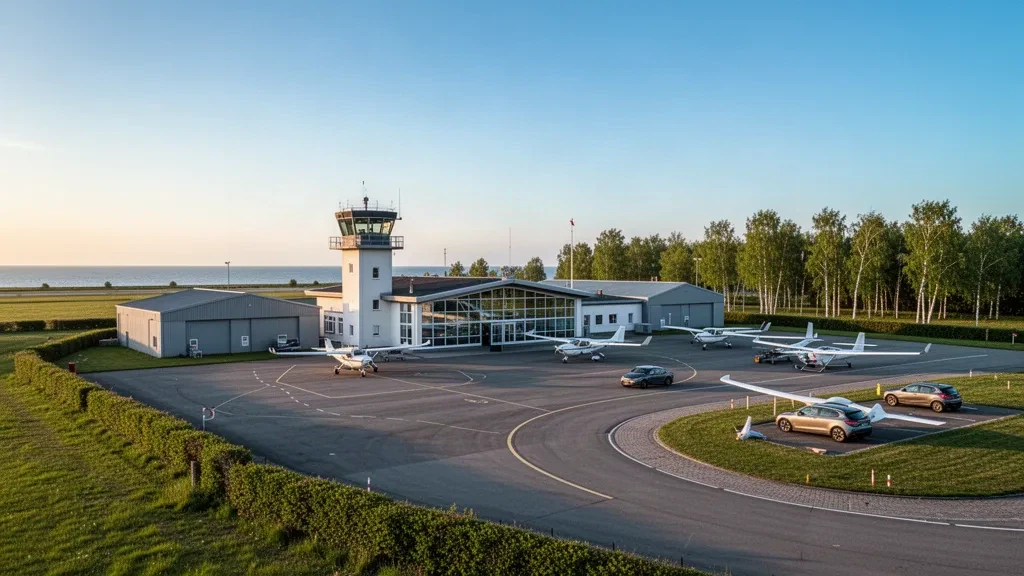 Avion léger et terminal moderne avec tour de contrôle à l'aéroport de Flensburg-Schäferhaus sous une lumière chaude d'après-midi