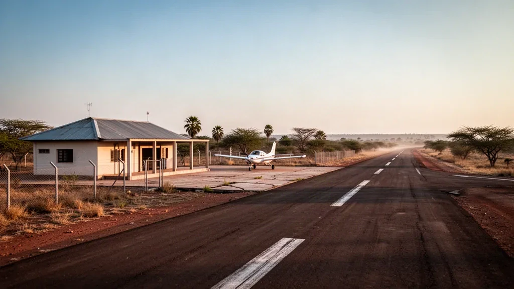 Petit aérodrome régional à Filadelfia, au Paraguay, avec une piste ensoleillée et une brousse basse du Chaco sous un ciel doré et dégagé