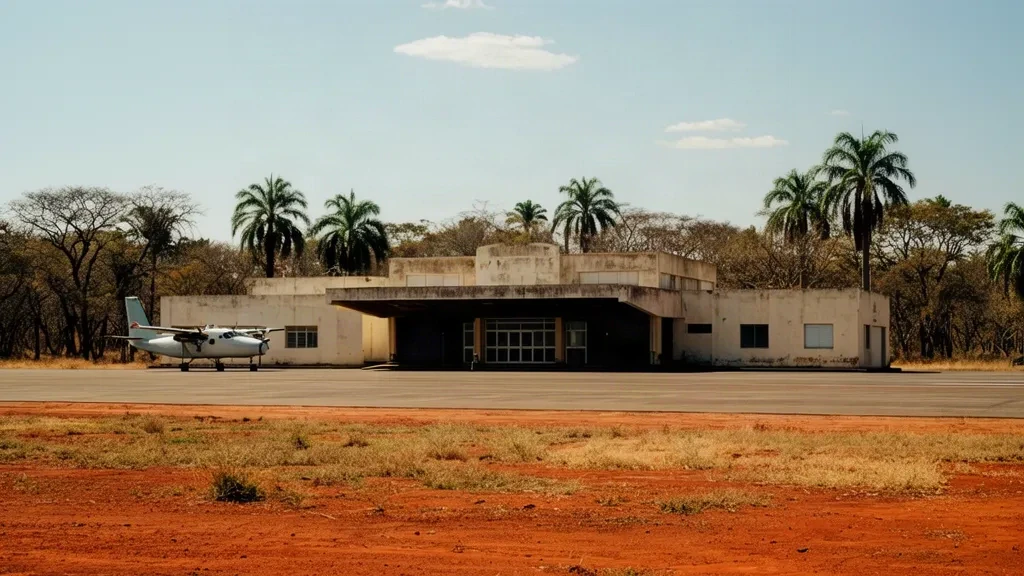 Paraguay'ın Chaco bölgesindeki Filadelfia Havalimanı'nda (FLM) alçak terminal binası ve asfalt apron, parlak öğle güneşi altında kuru ormanla çevrili