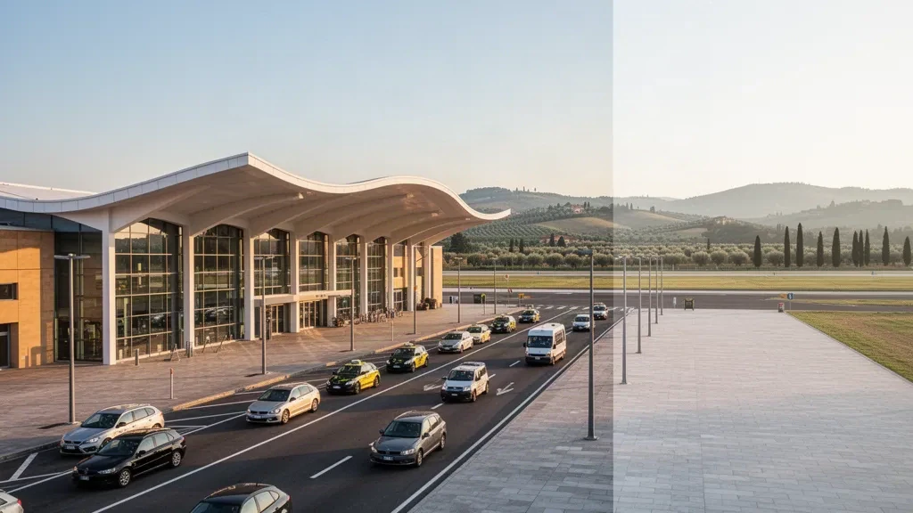 Modern glass terminal and drop-off lane at Florence Peretola Airport with Tuscan hills and cypress trees in golden light