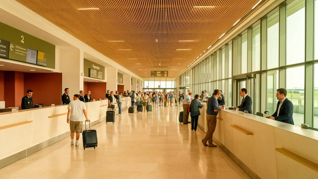 Travellers with luggage in the bright check-in and departures hall of Florence Airport Peretola FLR in Italy