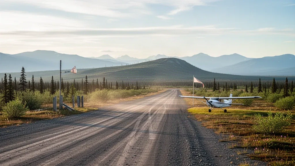Remote gravel runway at Flat Airport in Alaska with a small bush plane, tundra and spruce trees under calm golden-hour light