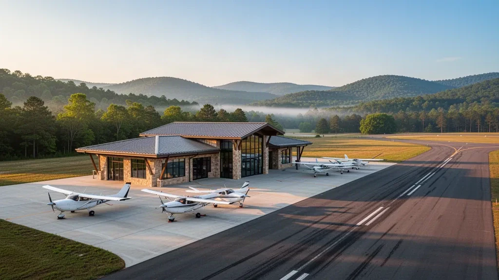 Kleines Terminal der allgemeinen Luftfahrt und Leichtflugzeug auf dem Vorfeld des Marion County Regional Airport in den bewaldeten Arkansas Ozarks zur goldenen Stunde.