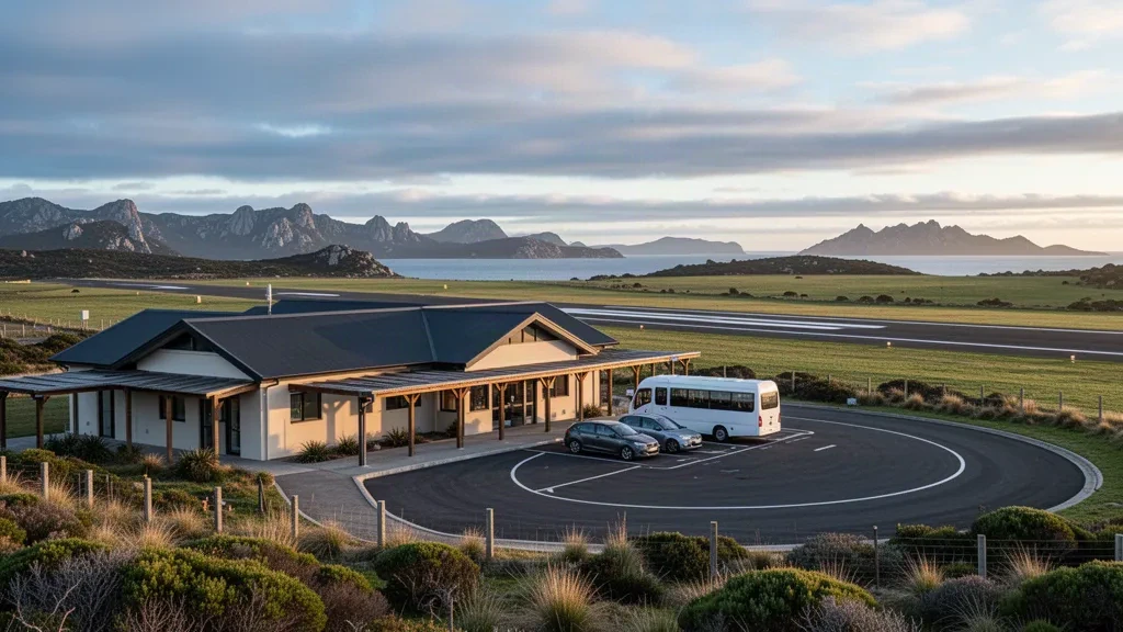 Piccolo terminal costiero e pista erbosa all'aeroporto di Flinders Island vicino a Whitemark, in Tasmania, nella morbida luce dorata della sera