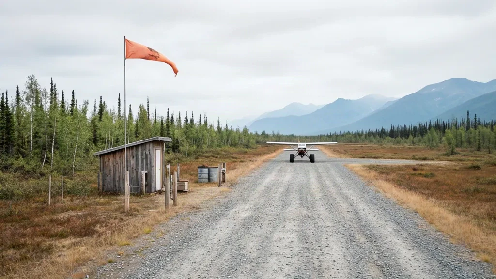 Gravel runway, weathered wooden shelter and windsock at remote Flat Airport in Alaska, ringed by boreal forest and distant mountains