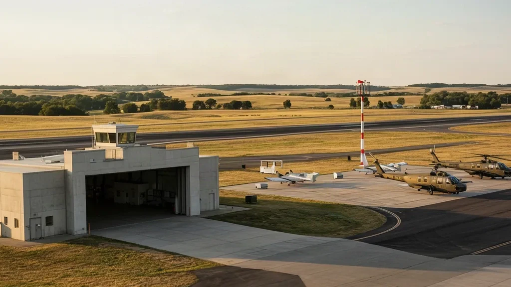 Vista exterior del Aeródromo Sherman Army FLV en Fort Leavenworth, Kansas, con hangares, pista y torre de control bajo un amplio cielo.